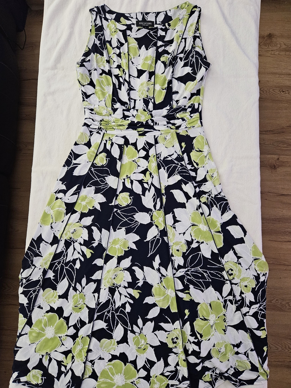 Perceptions NY Floral Sleeveless Midi Dress Green Navy White Large